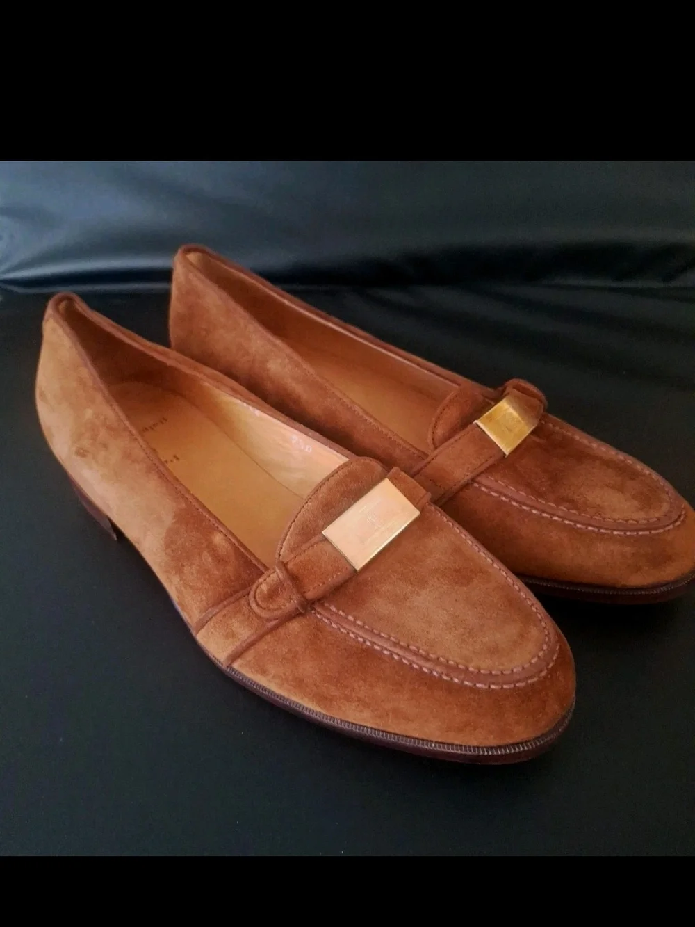 Polo Ralph Lauren Italy Suede Loafers Gold Plaque Block Heel NWOT Brown 9.5 D